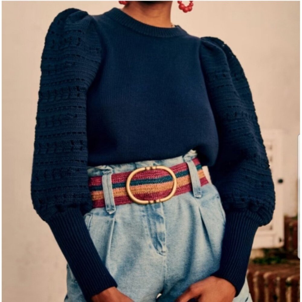 Sezane Orion Cotton Wool Knit Crochet Balloon Sleeve Sweater Size S Navy